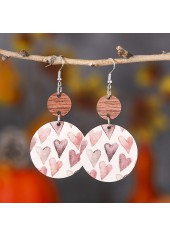 Light Pink Heart Print Round Wood Earrings