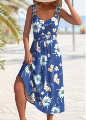 Blue Circular Ring Floral Print Strappy V Neck Dress | thumb picture 