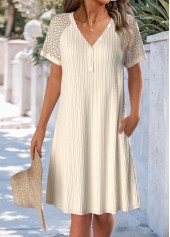 Beige Jacquard A Line Short Sleeve V Neck Dress