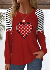 Wine Red Patchwork Heart Print Long Sleeve T Shirt