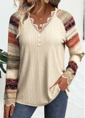 Plus Size Beige Embroidery Striped Long Sleeve T Shirt | thumb picture 