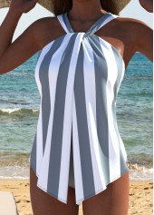 Plus Size Criss Cross Grey Striped One Piece Swimwear | thumb picture 