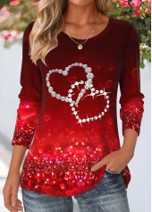 Deep Red Heart Print Long Sleeve T Shirt