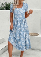Dusty Blue Zipper Floral Print Short Sleeve Dress