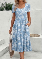 Dusty Blue Zipper Floral Print Short Sleeve Dress | thumb picture 