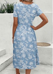 Dusty Blue Zipper Floral Print Short Sleeve Dress | thumb picture 