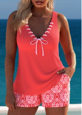 Drawstring Tribal Print Coral Tankini Set