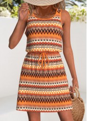 Orange Drawstring Tribal Print Short Sleeveless Scoop Neck Dress
