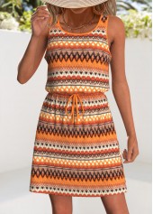 Orange Drawstring Tribal Print Short Sleeveless Scoop Neck Dress | thumb picture 