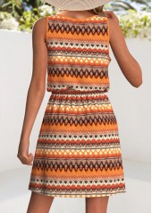 Orange Drawstring Tribal Print Short Sleeveless Scoop Neck Dress | thumb picture 