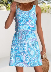 Light Blue Drawstring Paisley Print Short Sleeveless Dress