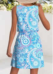 Light Blue Drawstring Paisley Print Short Sleeveless Dress | thumb picture 