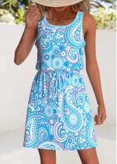 Light Blue Drawstring Paisley Print Short Sleeveless Dress | thumb picture 