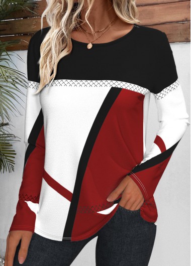 women clothes image of Plus Size Wine Red Patchwork Geometric Print T Shirt