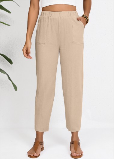 women clothes image of Light Camel High Waisted Elastic Waist Pants