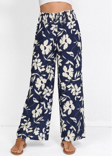 women clothes image of Navy Smocked Plants Print Wide Leg Elastic Waist Pants