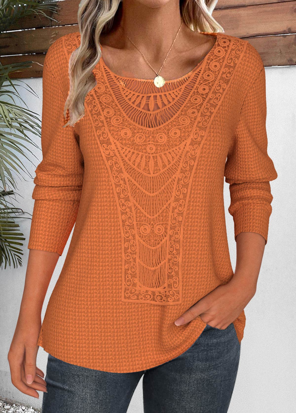 Modlily Terracotta Lace Long Sleeve Round Neck T Shirt - XXL