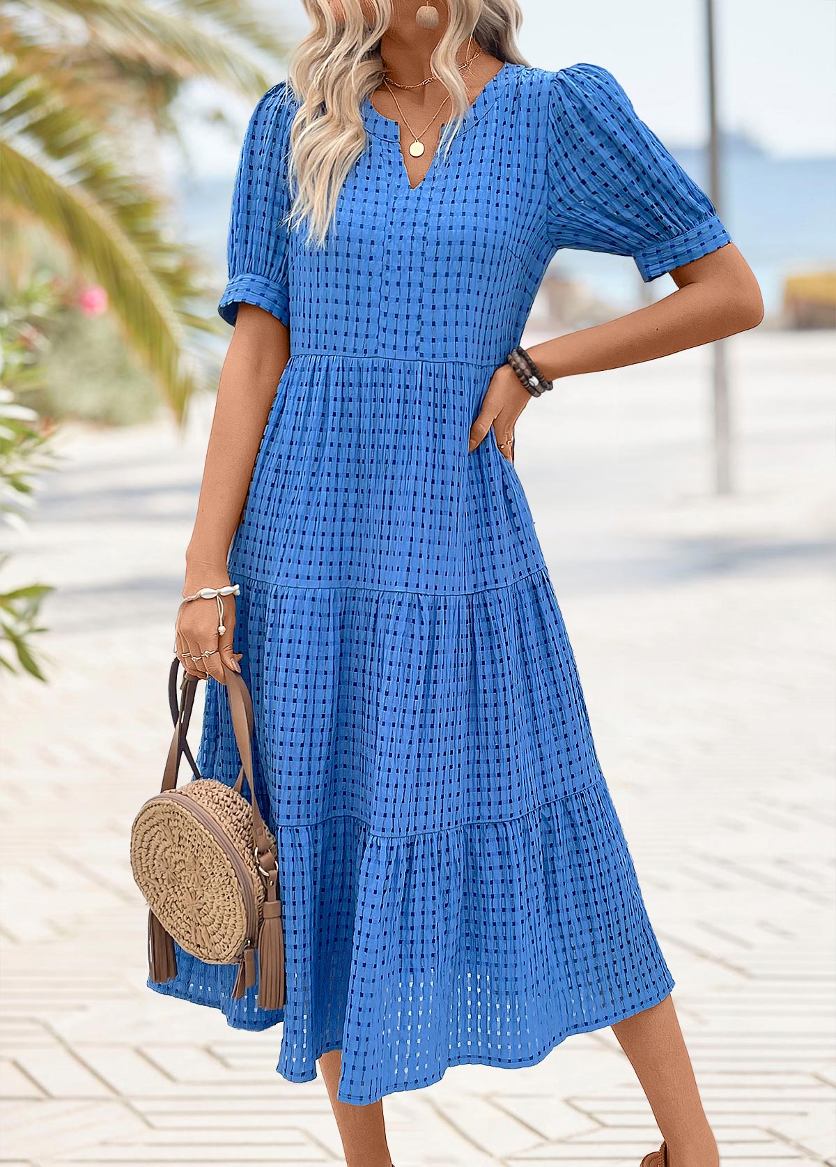 Blue Tummy Coverage Short Sleeve Split Neck Dress | picture 