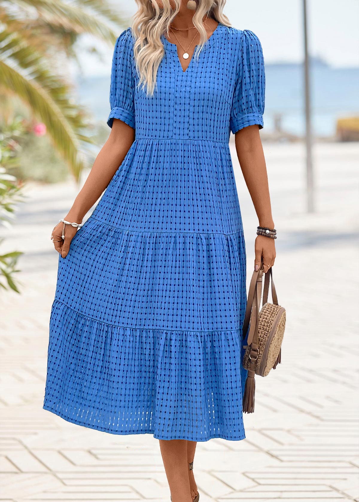 Blue Tummy Coverage Short Sleeve Split Neck Dress | picture 