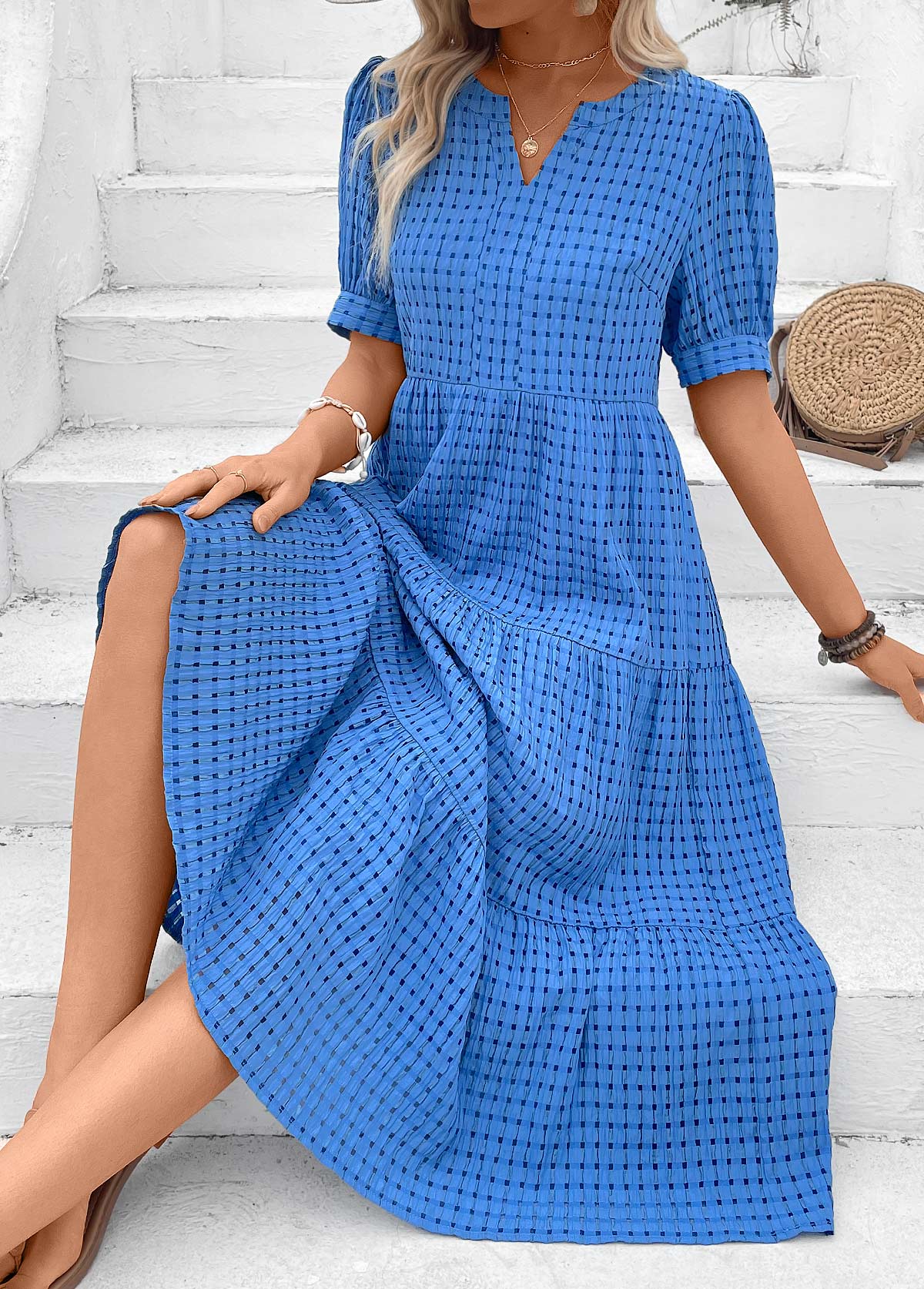 Blue Tummy Coverage Short Sleeve Split Neck Dress | picture 