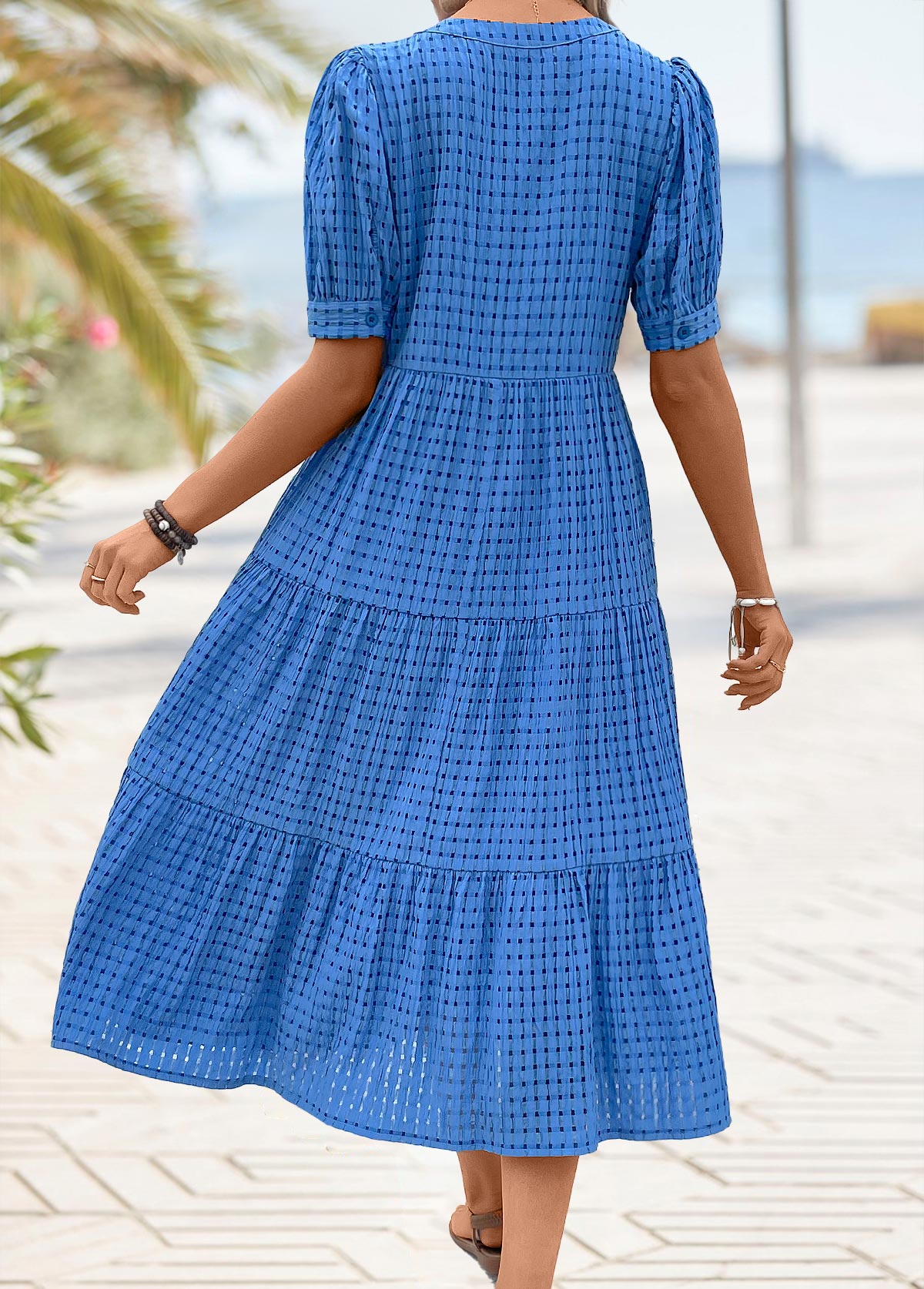 Blue Tummy Coverage Short Sleeve Split Neck Dress | picture 