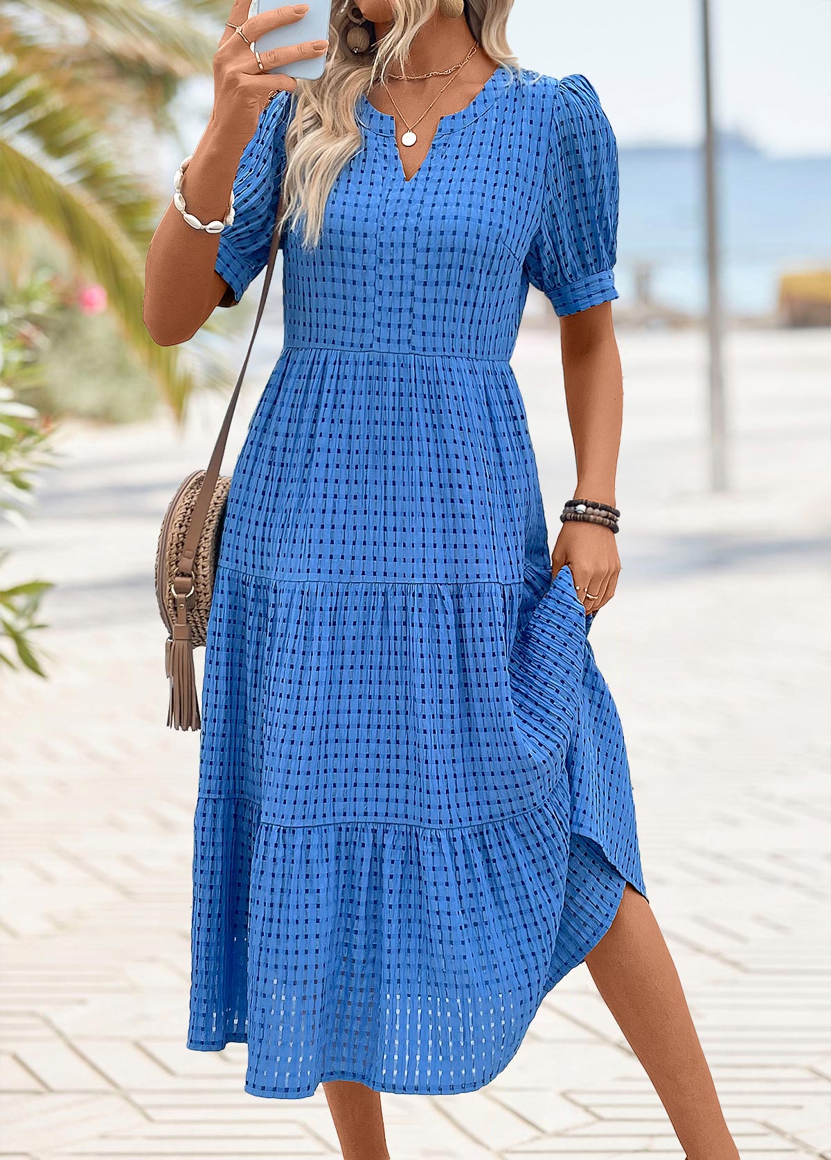 Blue Tummy Coverage Short Sleeve Split Neck Dress | picture 