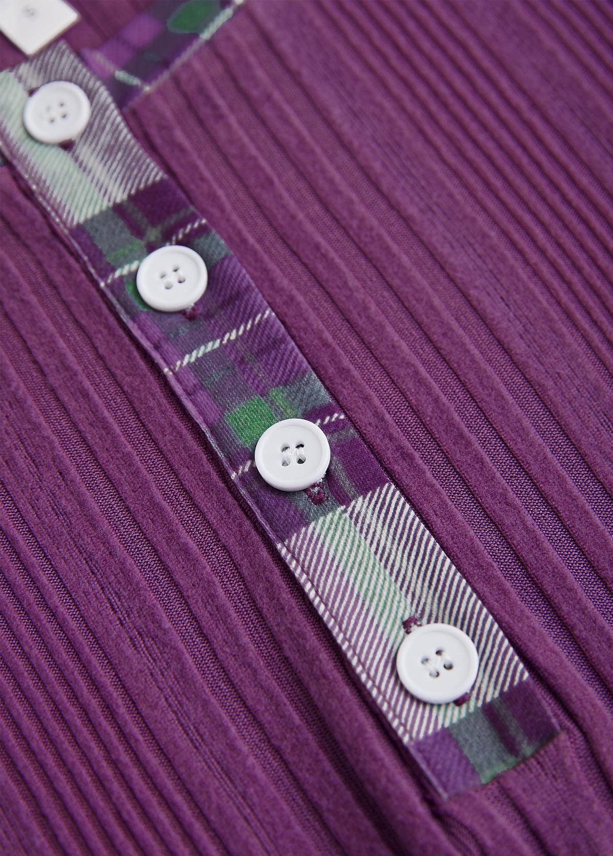 Purple Button Plaid Long Sleeve Split Neck Sweatshirt | picture 