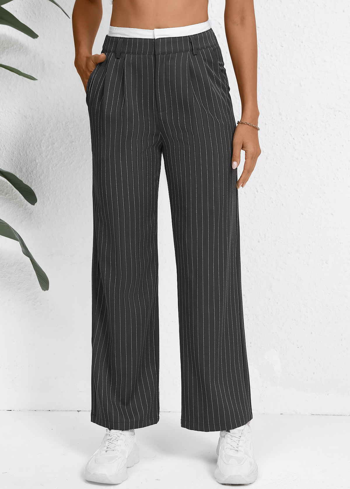 Grey Pocket Striped Straight Leg Zipper Fly Pants | picture 