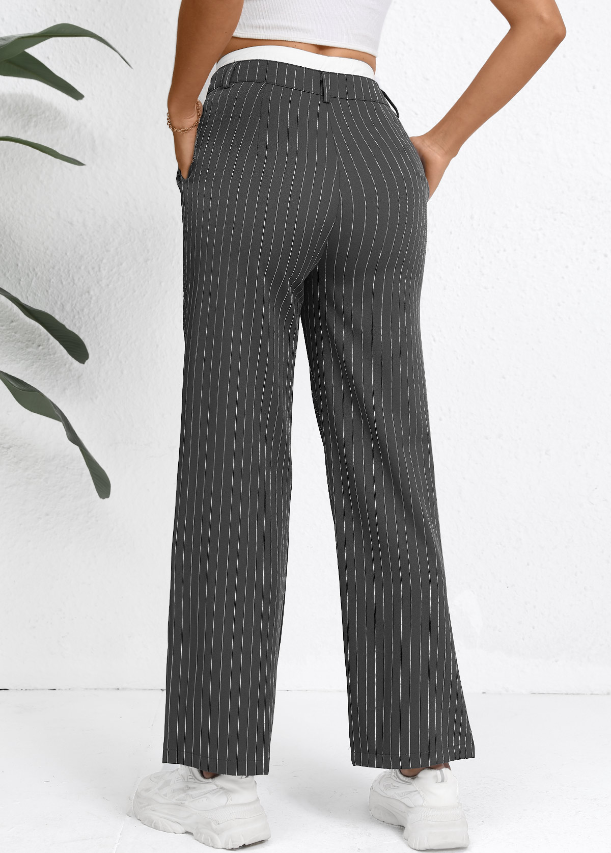 Grey Pocket Striped Straight Leg Zipper Fly Pants | picture 