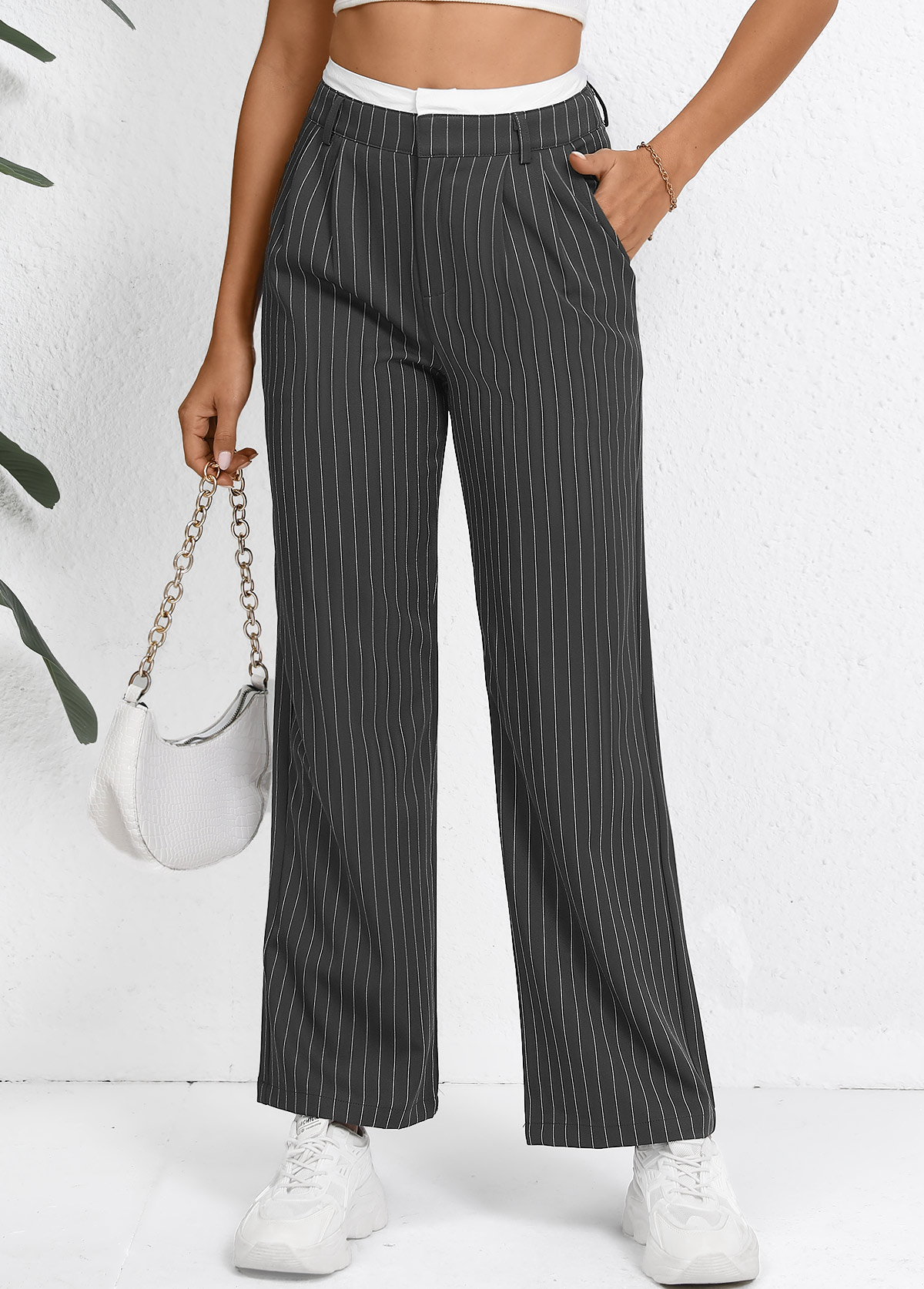 Grey Pocket Striped Straight Leg Zipper Fly Pants | picture 