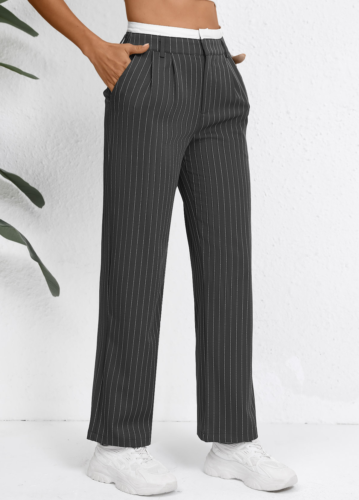 Grey Pocket Striped Straight Leg Zipper Fly Pants | picture 