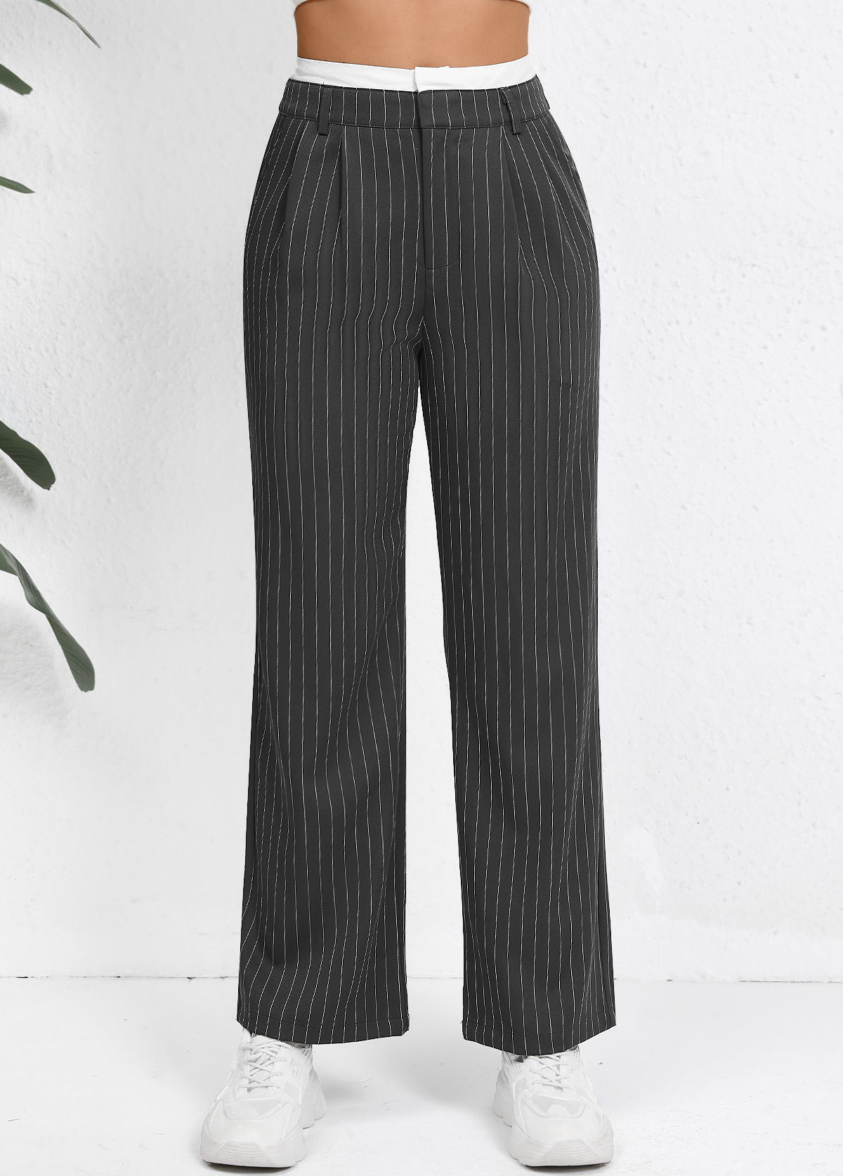 Grey Pocket Striped Straight Leg Zipper Fly Pants | picture 