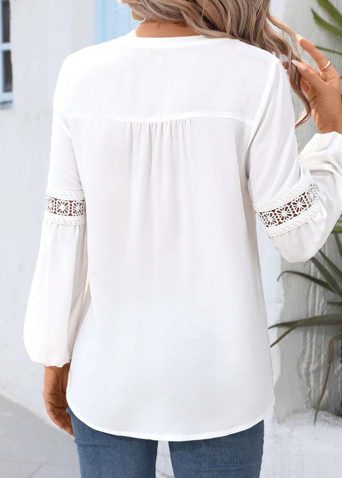 White Peplum Long Sleeve V Neck Shirt | picture 
