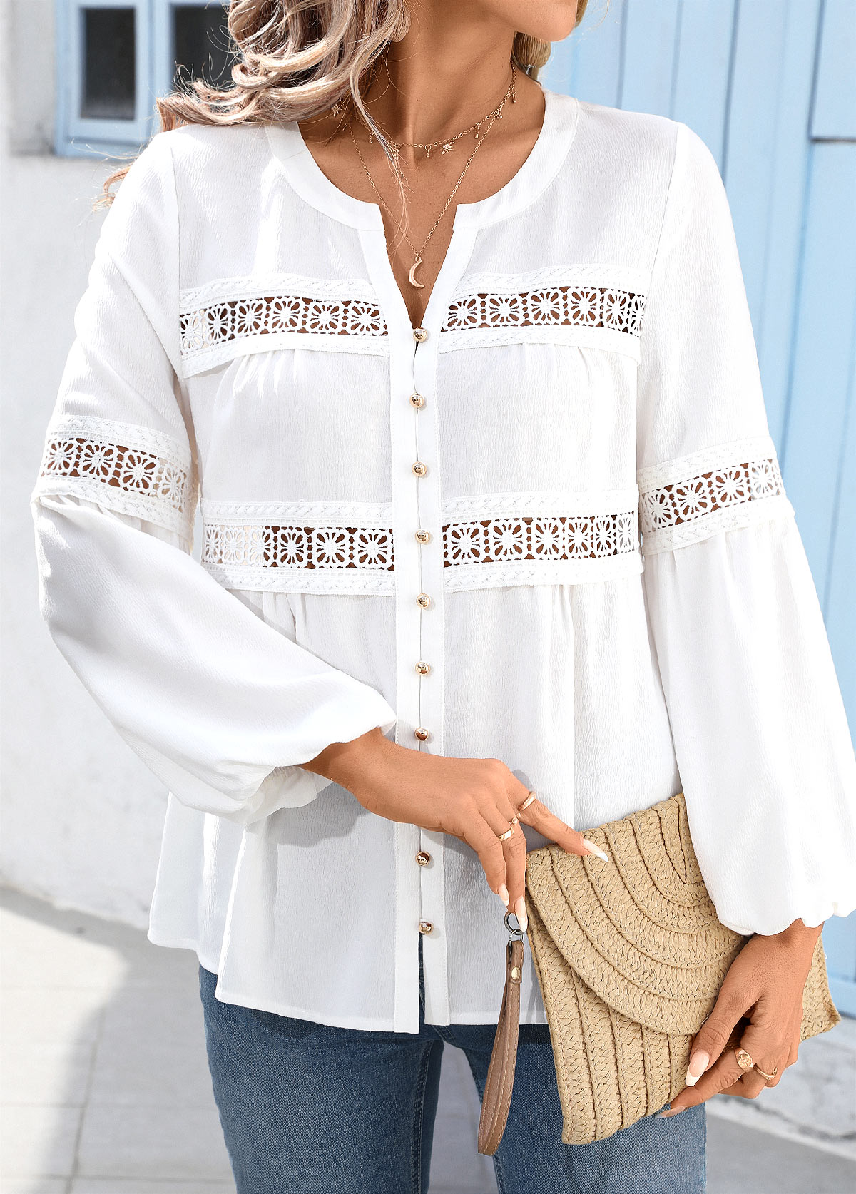White Peplum Long Sleeve V Neck Shirt | picture 