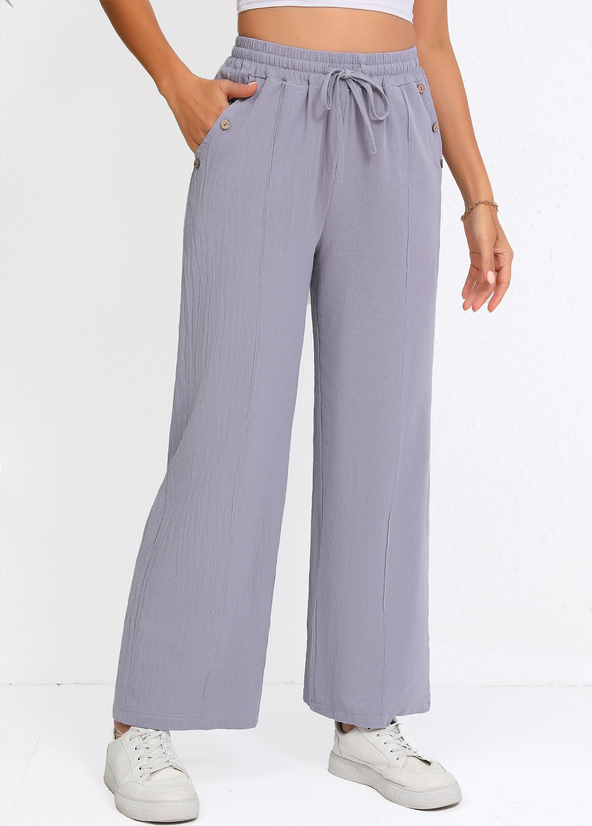 Grey Drawstring Straight Leg Elastic Waist High Waisted Pants | picture 
