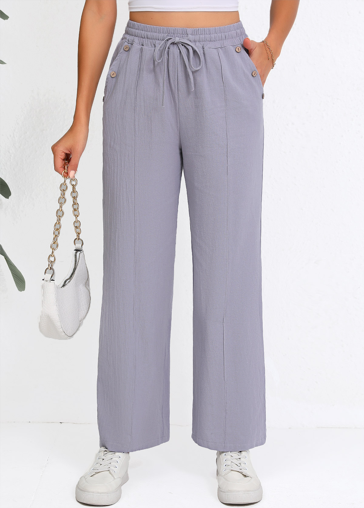 Grey Drawstring Straight Leg Elastic Waist High Waisted Pants | picture 