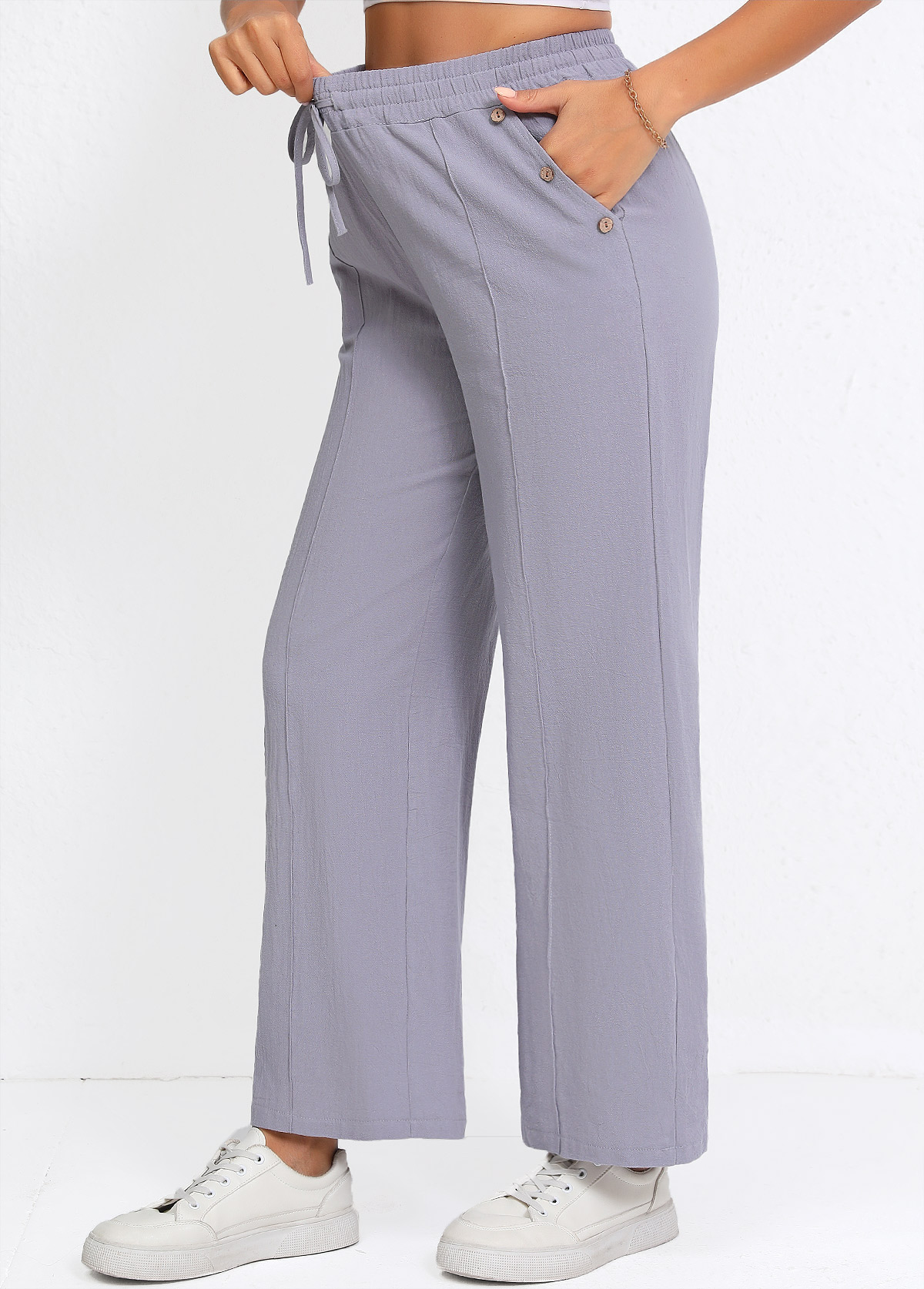 Grey Drawstring Straight Leg Elastic Waist High Waisted Pants | picture 