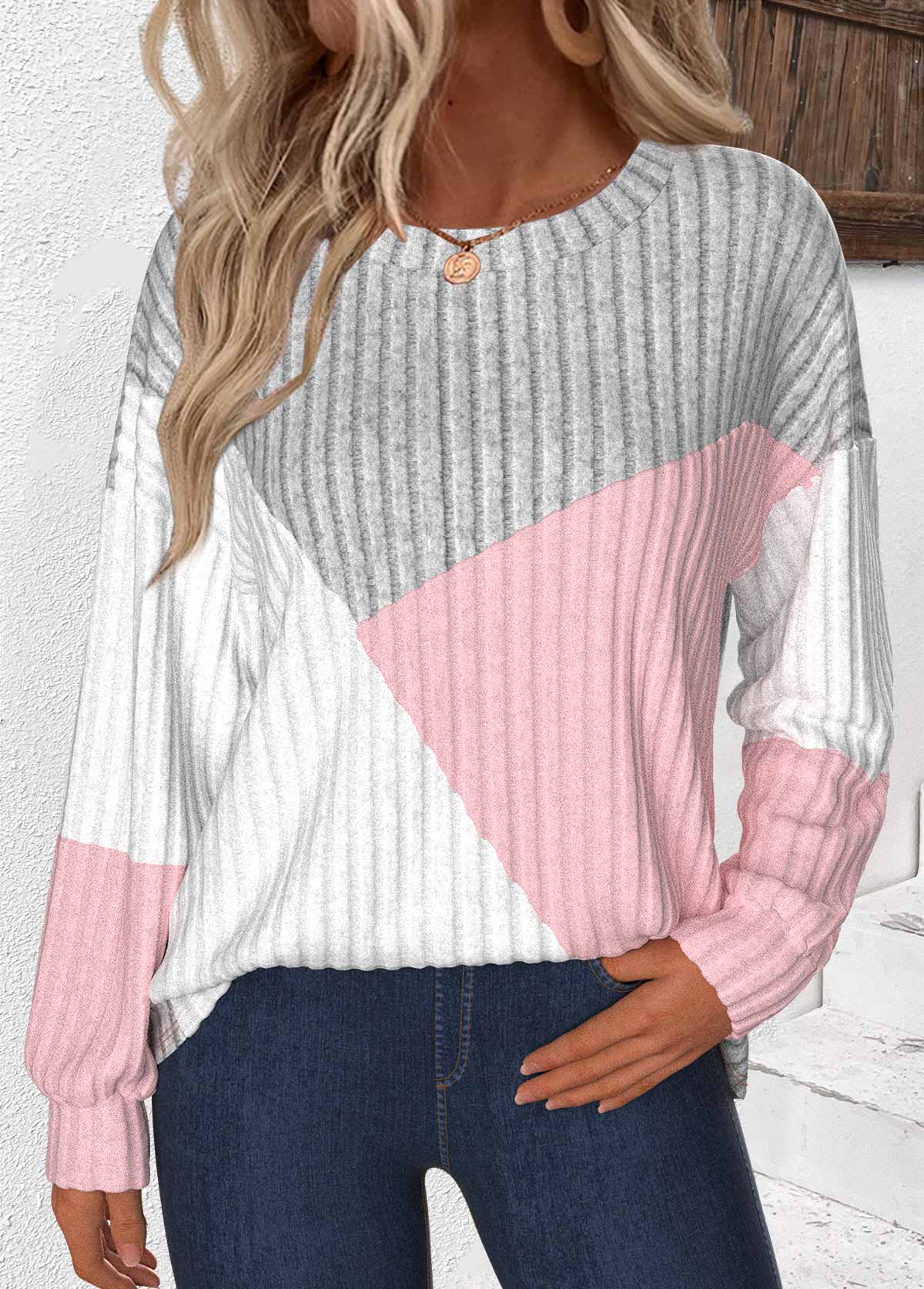 Plus Size Light Grey Patchwork Long Sleeve Sweatshirt | picture 