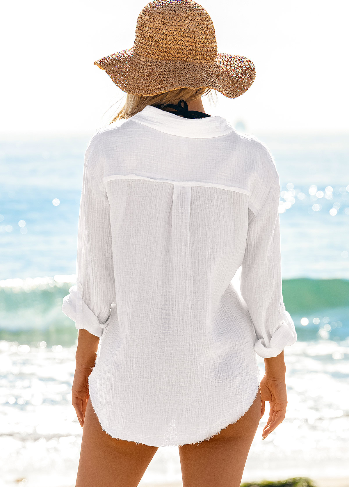 Button Long Sleeve White Pocket Cover Up | picture 