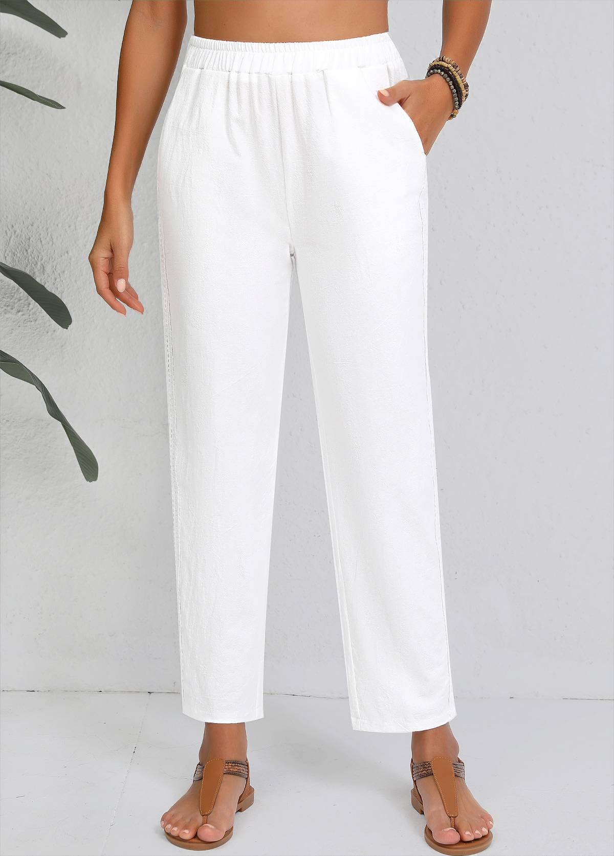 White Straight Leg Elastic Waist High Waisted Pants | picture 
