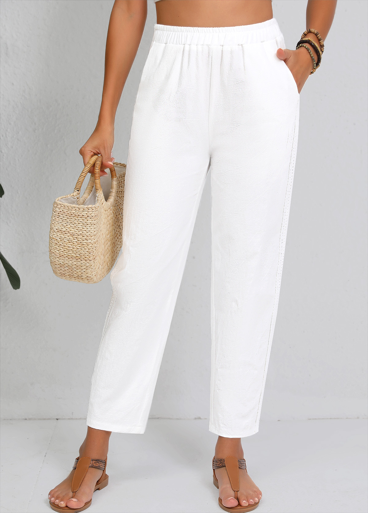 White Straight Leg Elastic Waist High Waisted Pants | picture 
