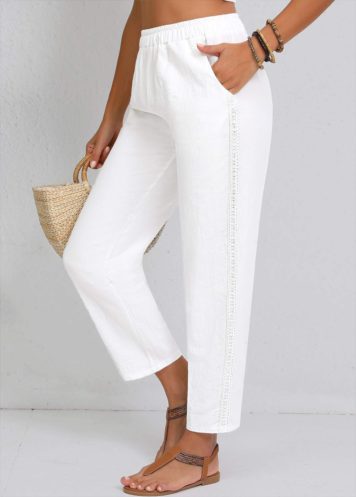 White Straight Leg Elastic Waist High Waisted Pants | picture 