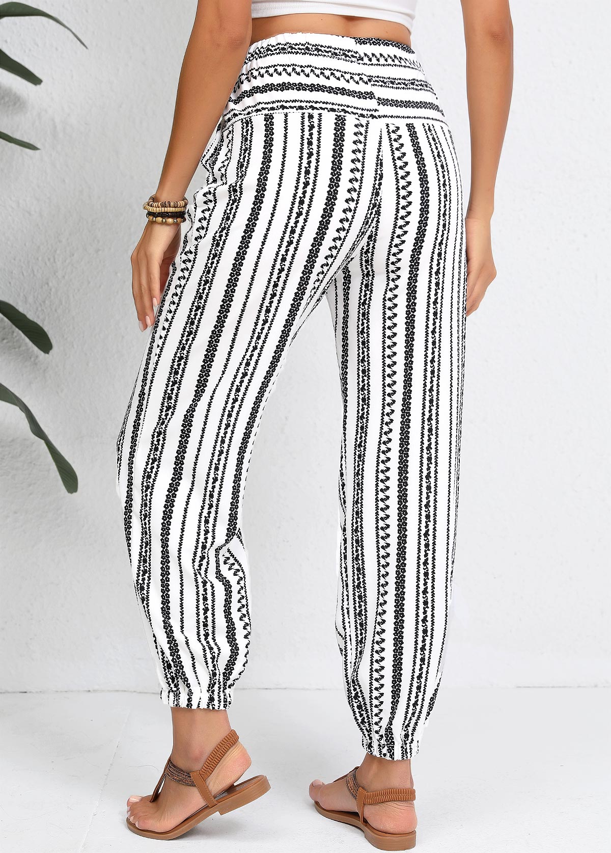 White Drawstring Geometric Print Jogger Elastic Waist Pants | picture 