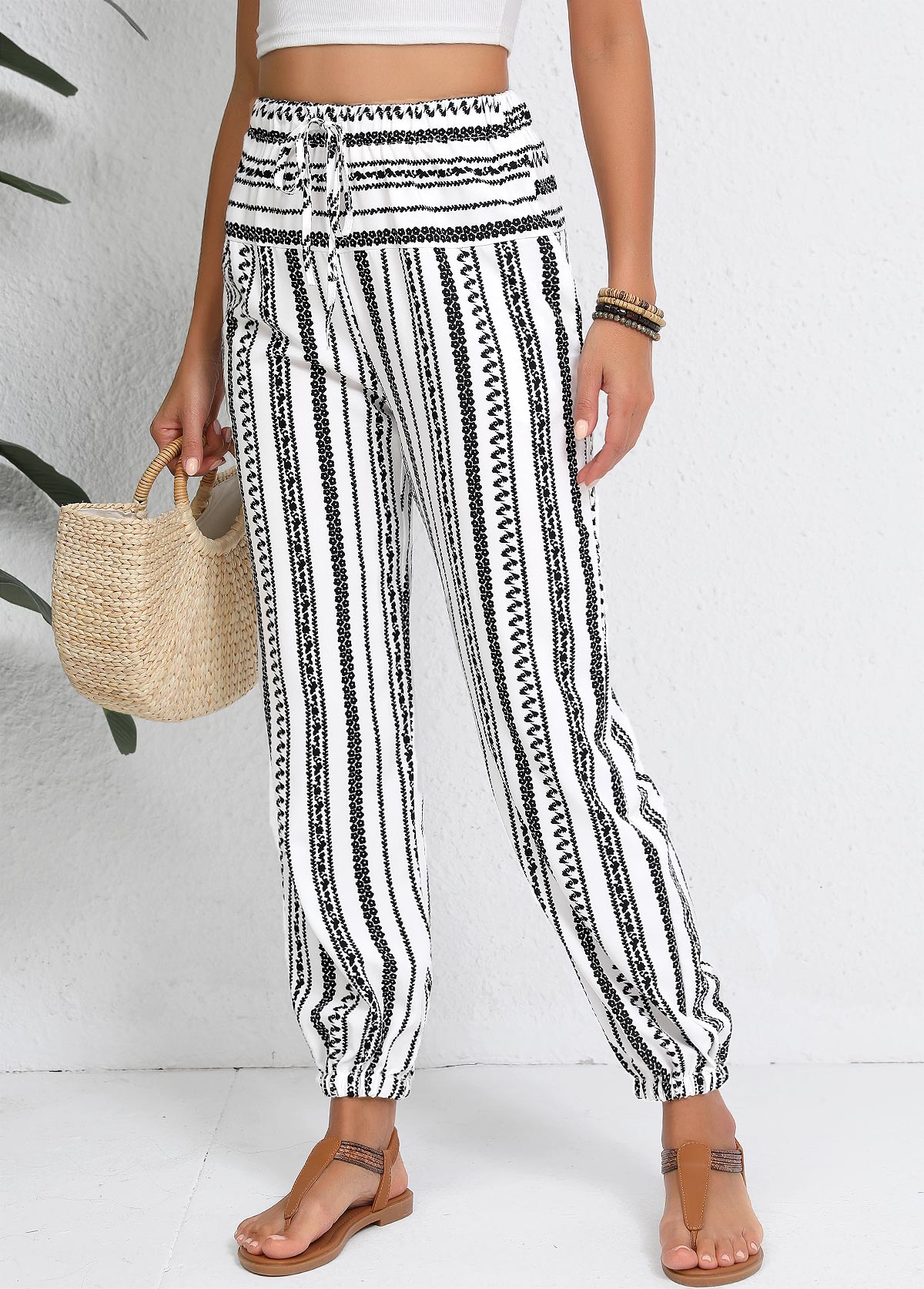 White Drawstring Geometric Print Jogger Elastic Waist Pants | picture 