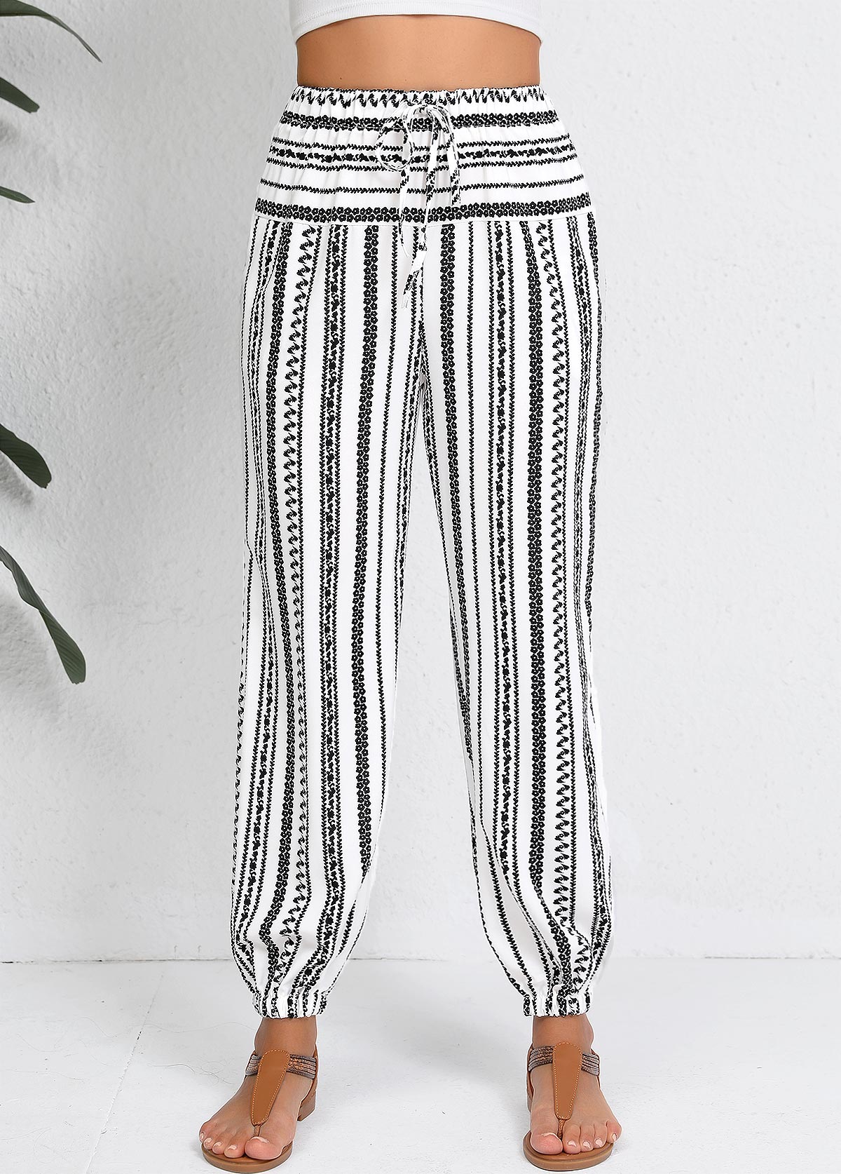 White Drawstring Geometric Print Jogger Elastic Waist Pants | picture 