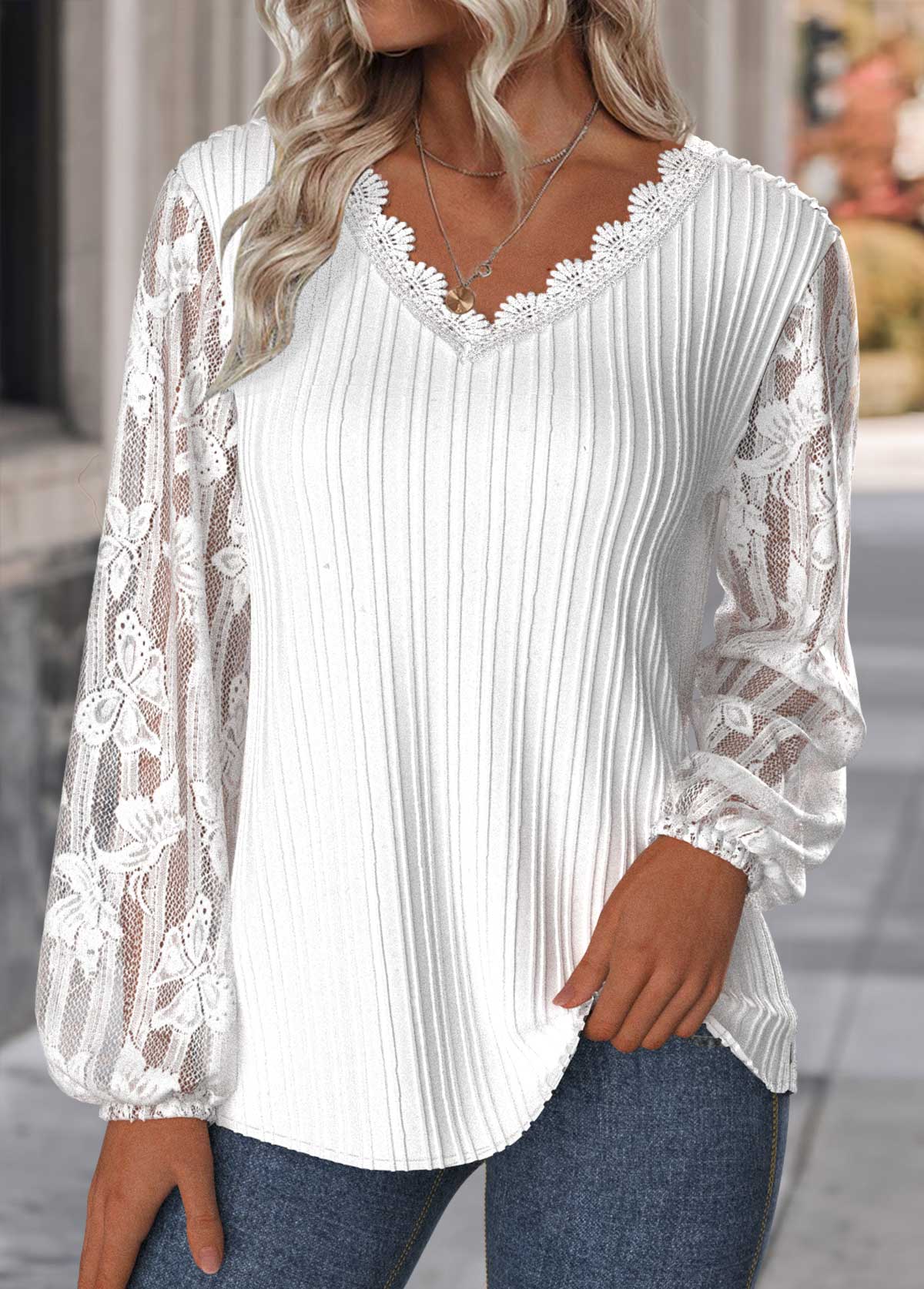 White Lace Long Sleeve V Neck Blouse | picture 