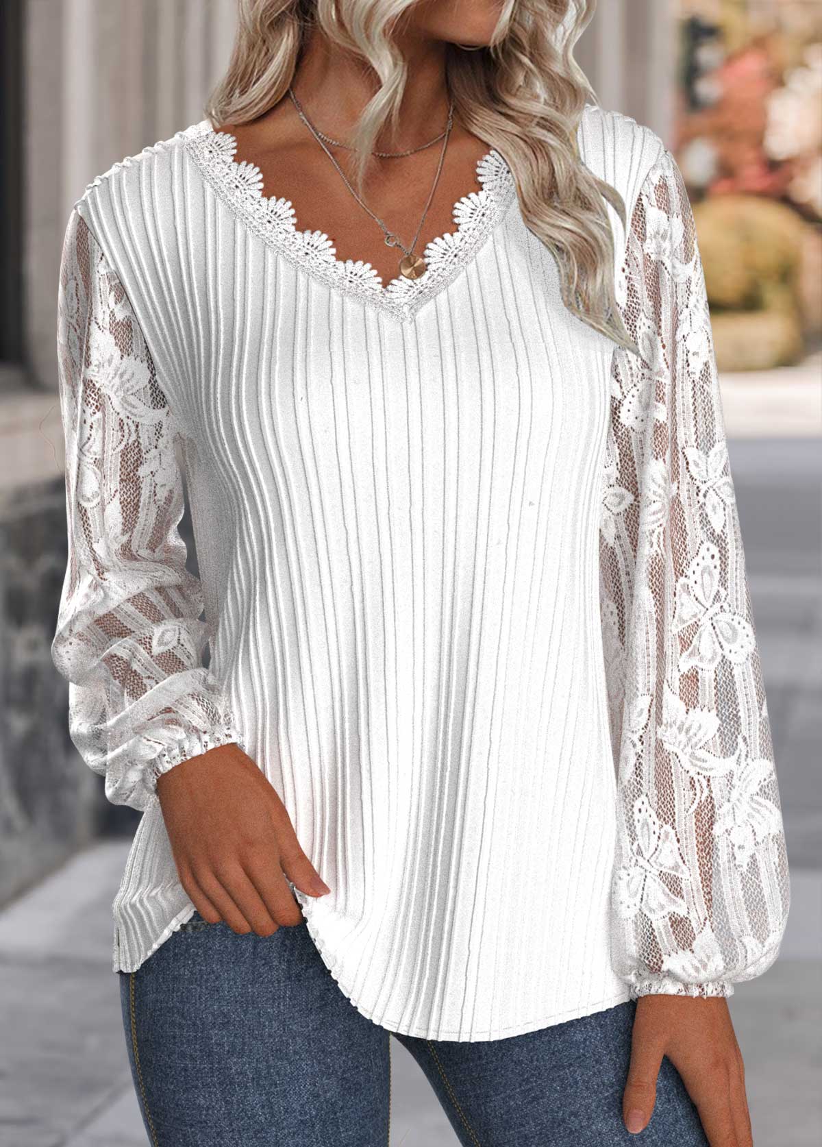 White Lace Long Sleeve V Neck Blouse | picture 