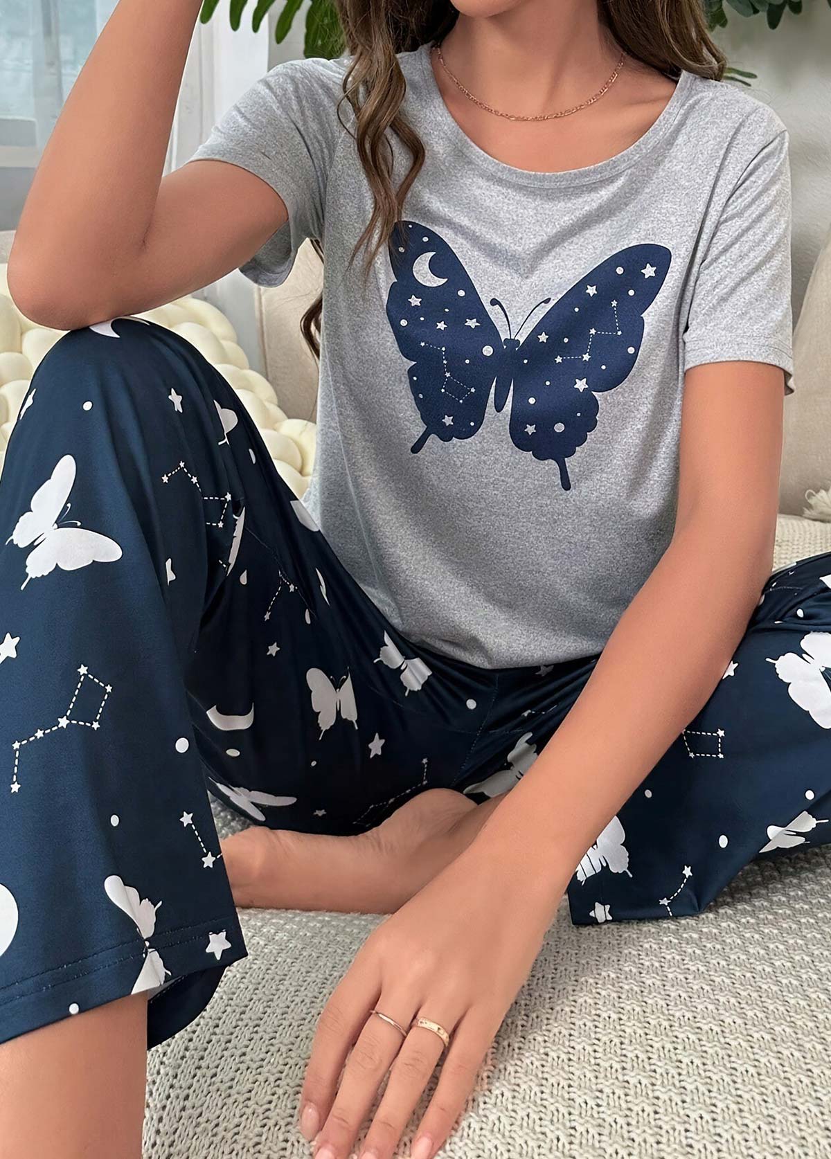 Navy Short Sleeve Round Neck Lounge Top and Pants | picture 