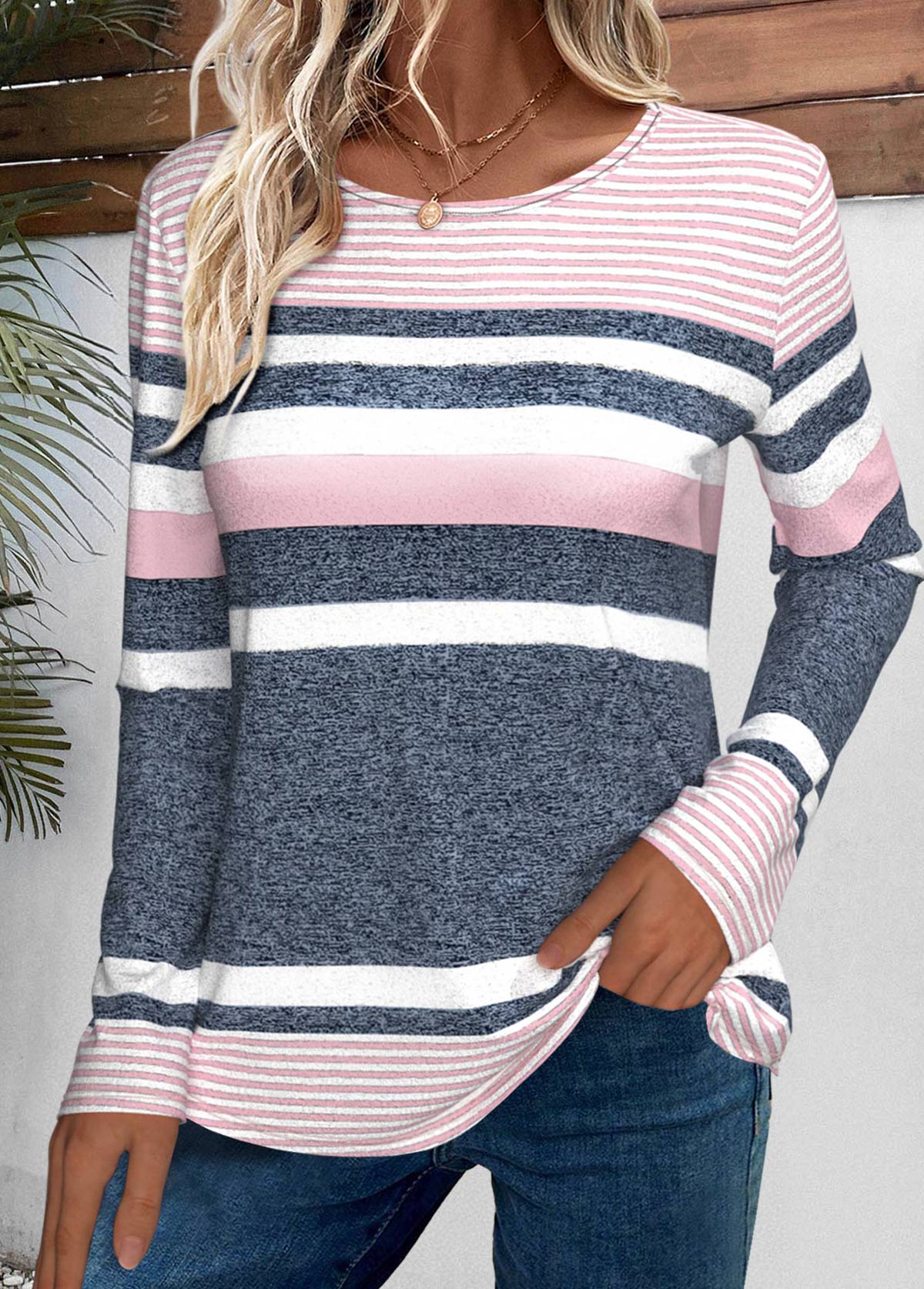 Pink Striped Long Sleeve Round Neck T Shirt | picture 