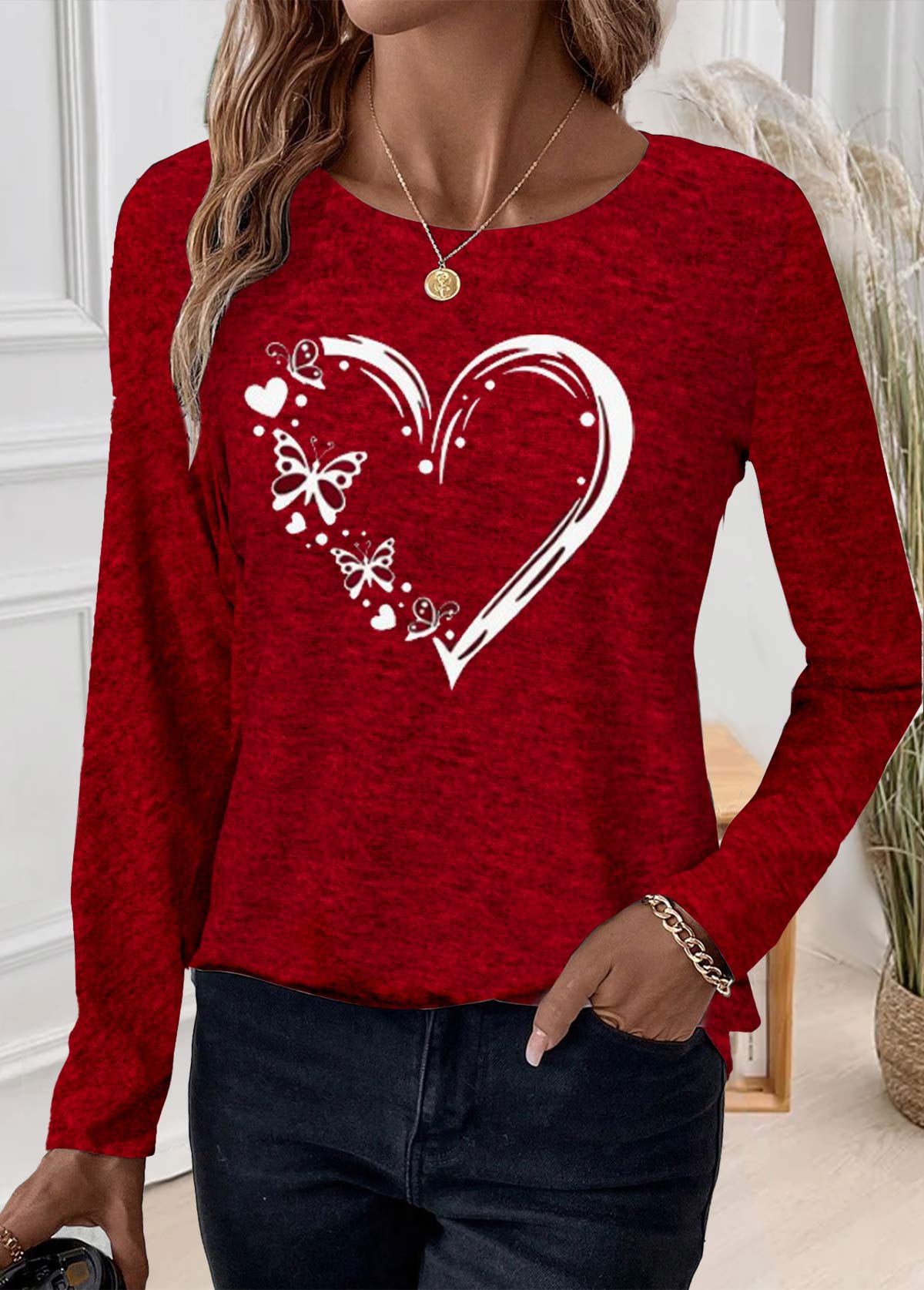 Plus Size Red Patchwork Heart Print T Shirt | picture 